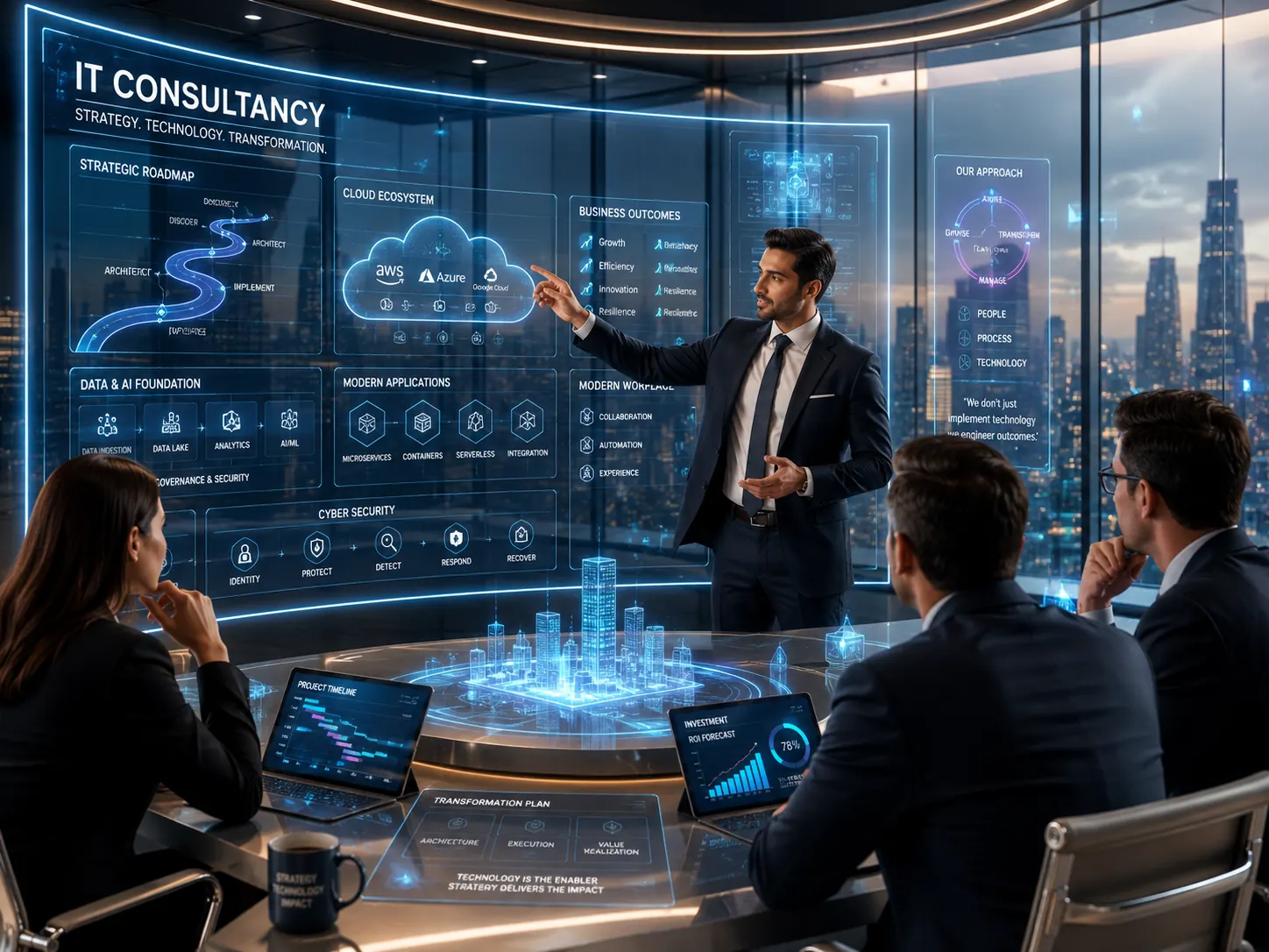 Consultant presenting a connected IT transformation strategy